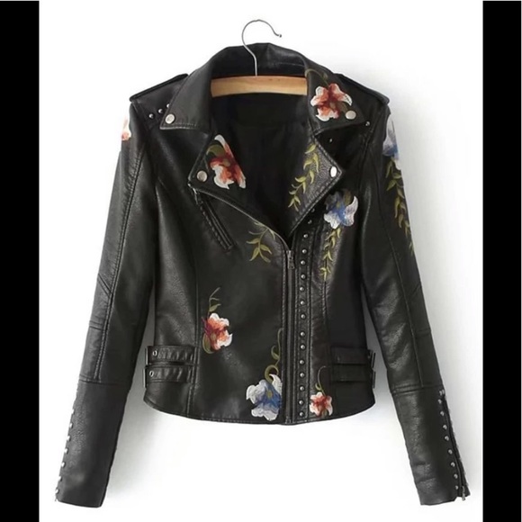 Jackets & Blazers - Faux Leather Floral Embroidered Jacket
